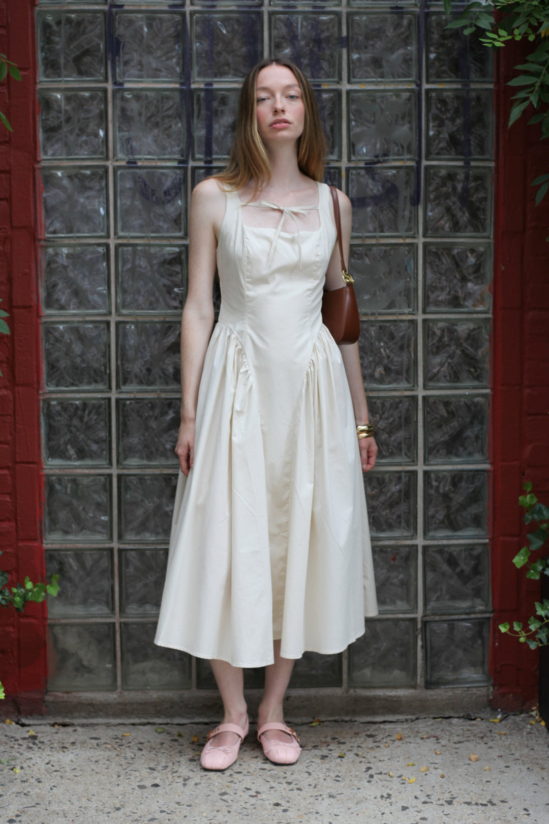 Cotton Beige Bow Tie A-Line Dress