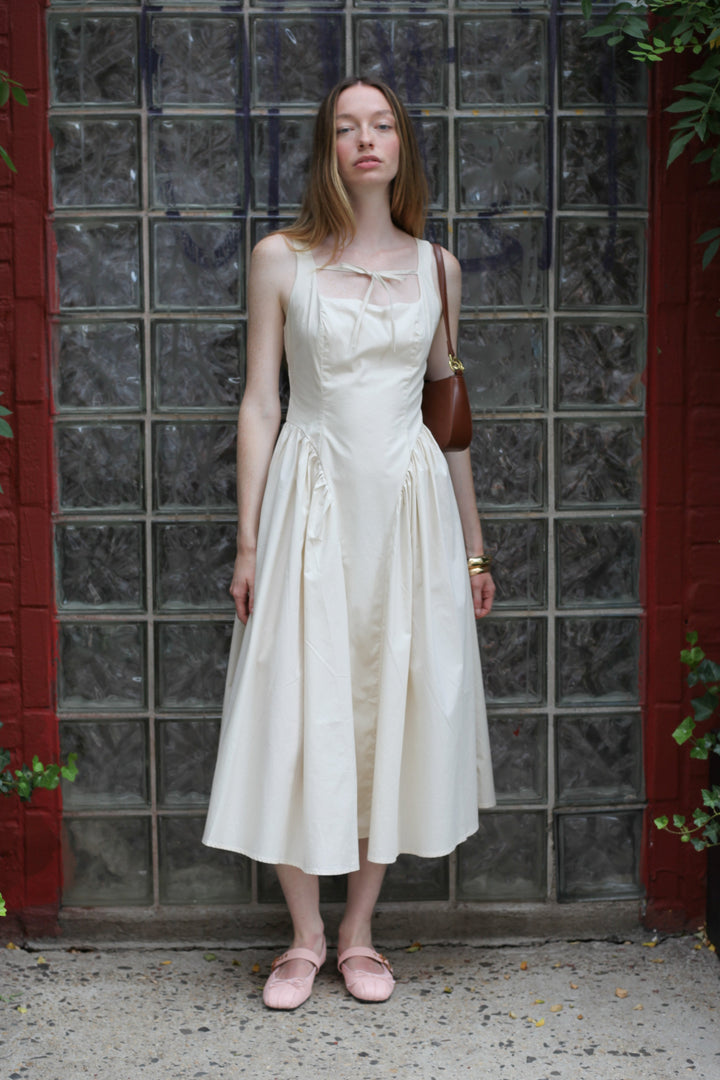 Cotton Beige Bow Tie A-Line Dress