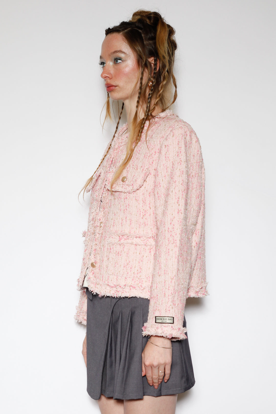 Wool Pink Cropped Tweed Blazer