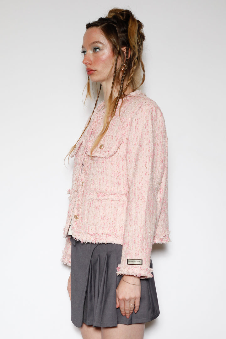 Wool Pink Cropped Tweed Blazer