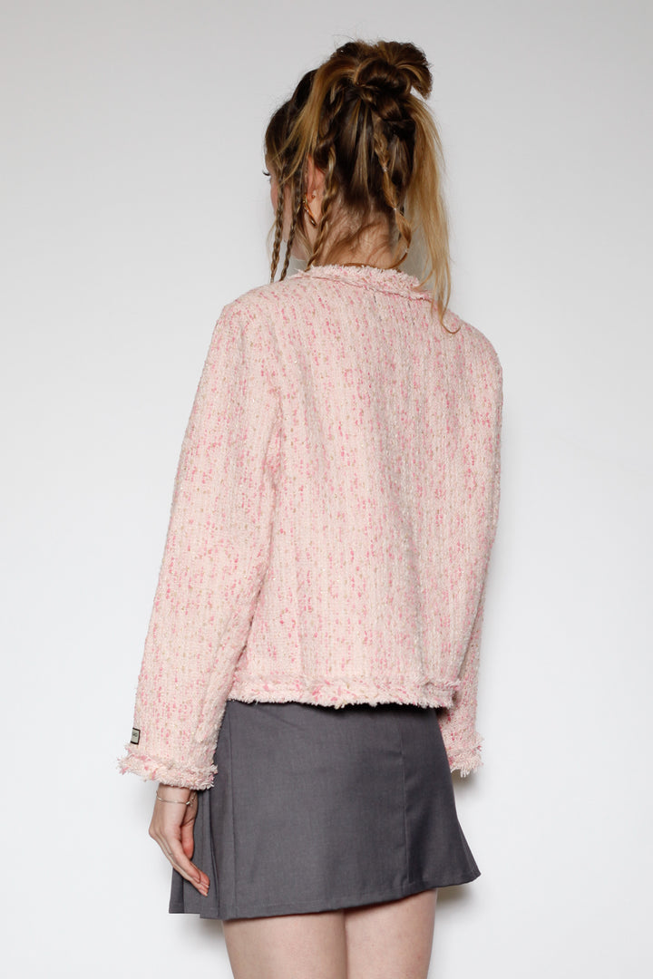 Wool Pink Cropped Tweed Blazer