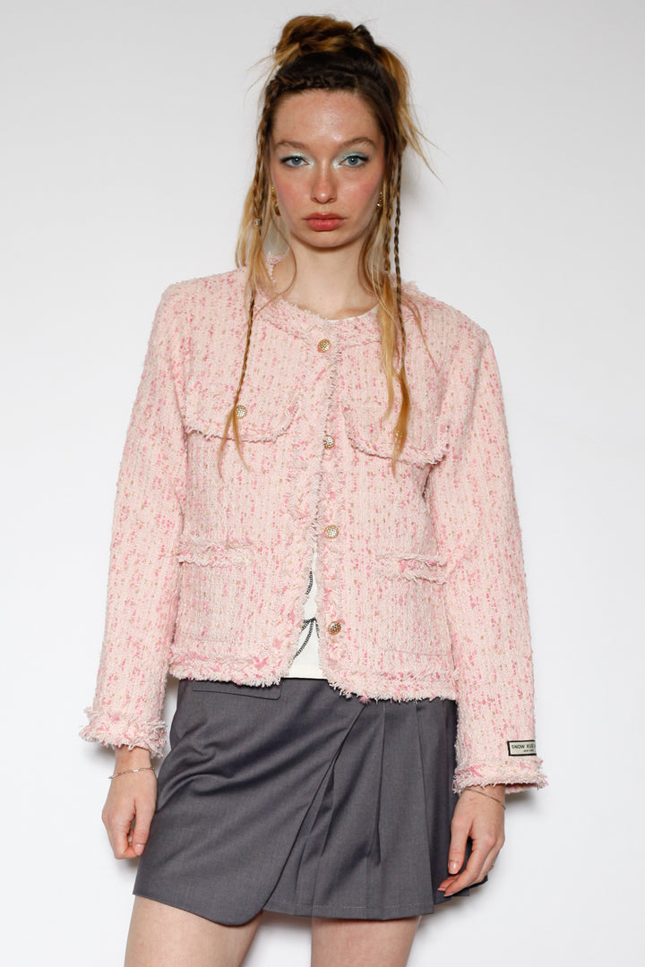Wool Pink Cropped Tweed Blazer
