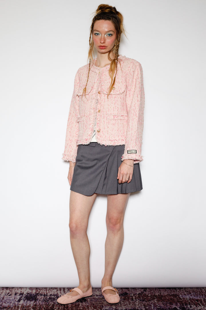 Wool Pink Cropped Tweed Blazer