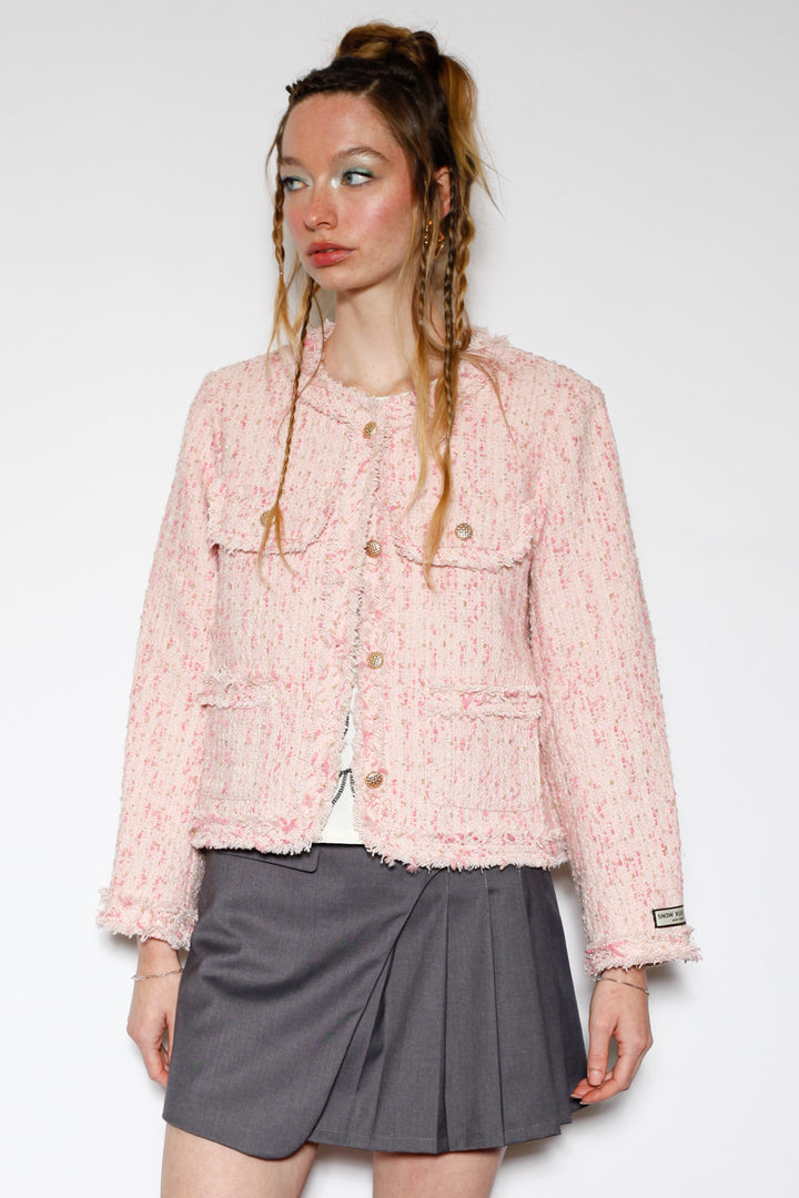 Wool Pink Cropped Tweed Blazer