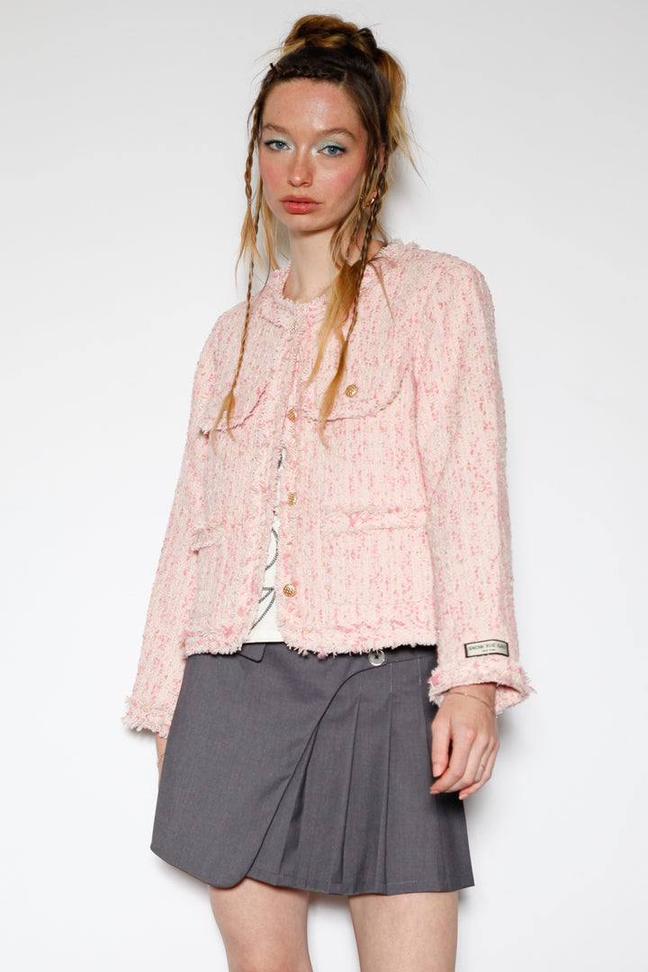 Wool Pink Cropped Tweed Blazer