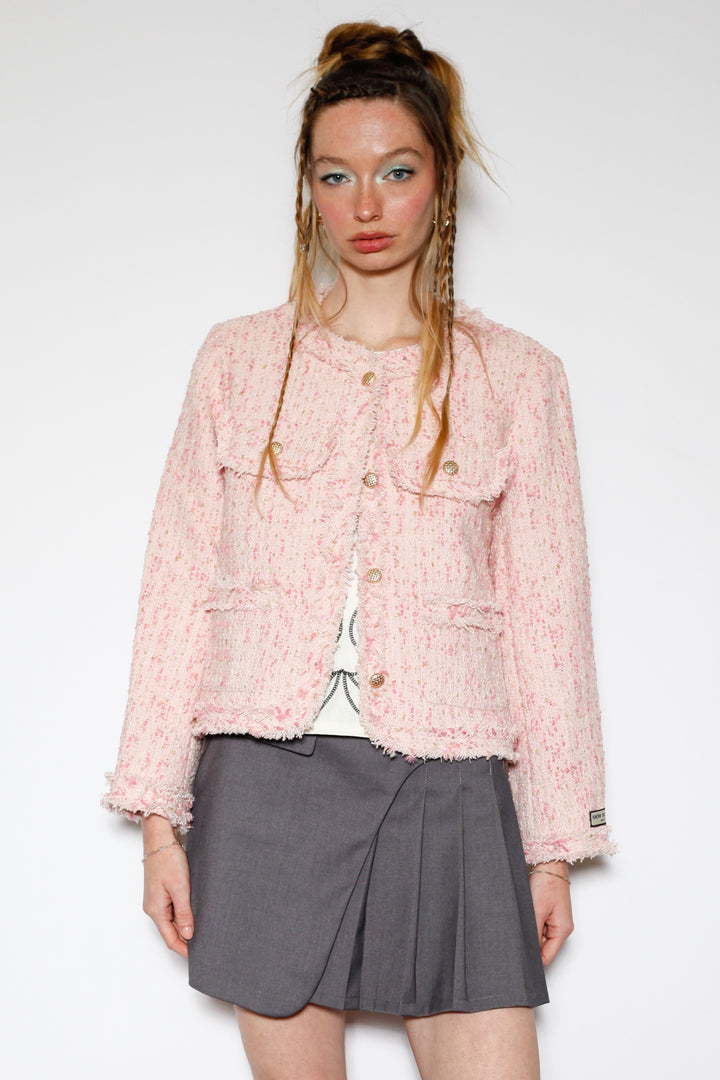 Wool Pink Cropped Tweed Blazer