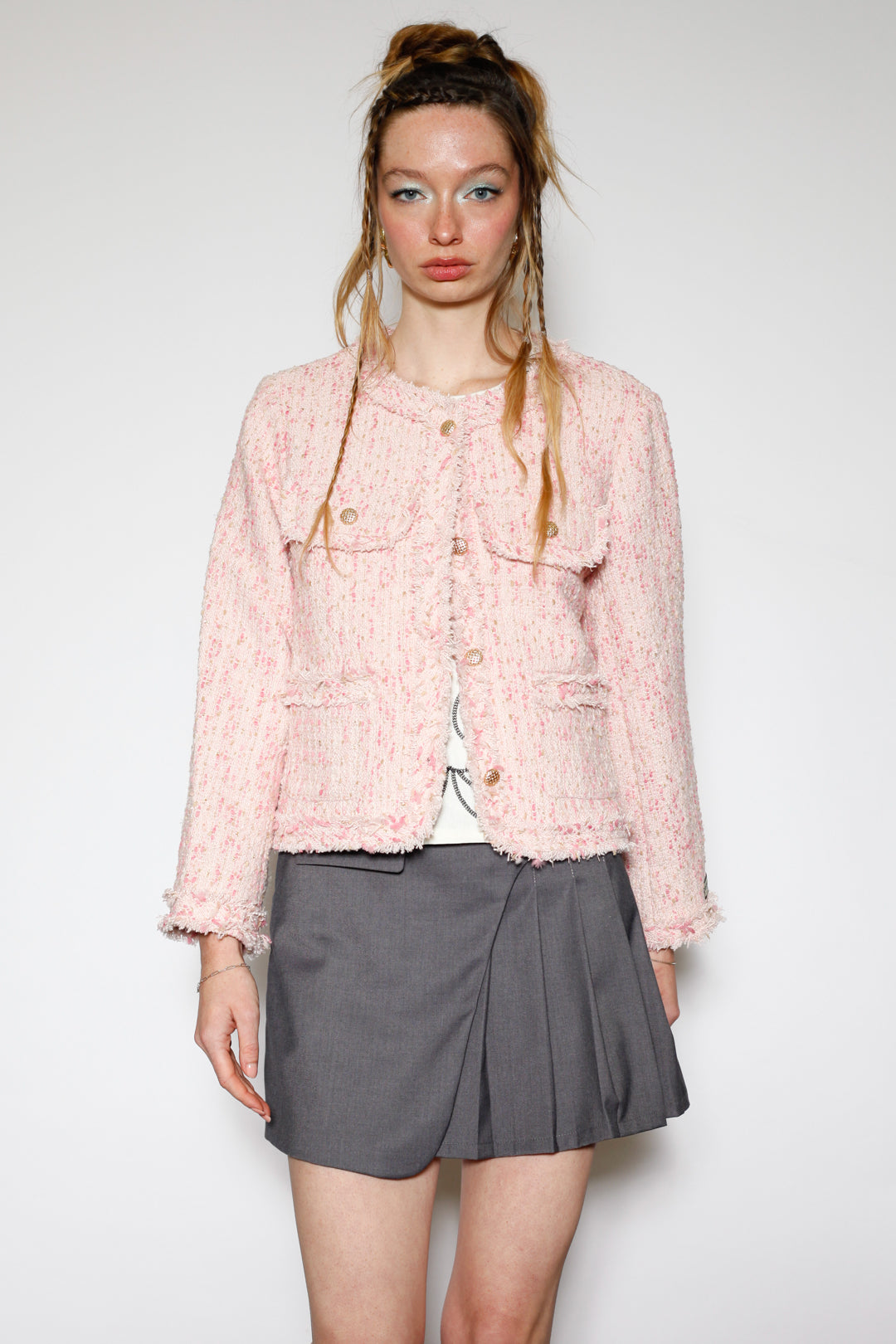 Wool Pink Cropped Tweed Blazer