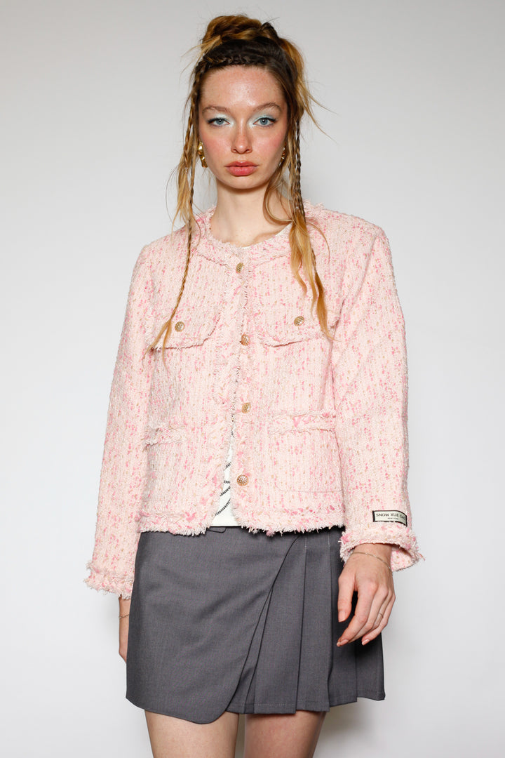 Wool Pink Cropped Tweed Blazer