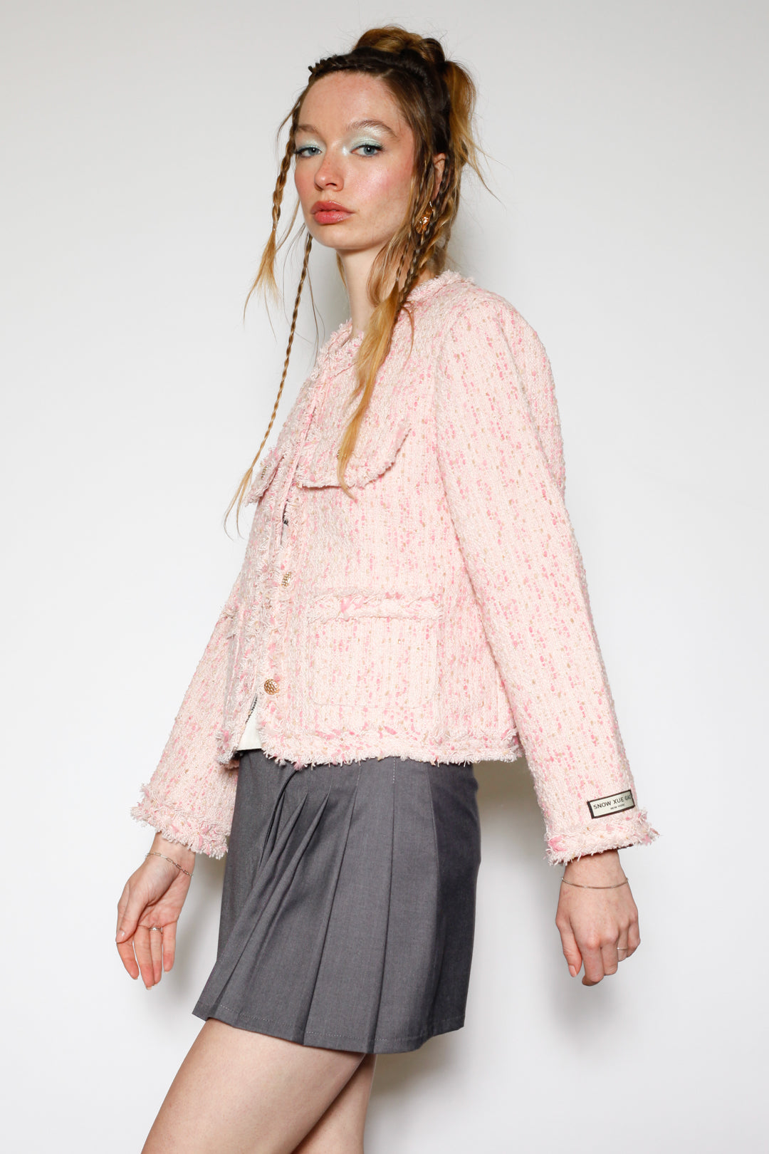 Wool Pink Cropped Tweed Blazer