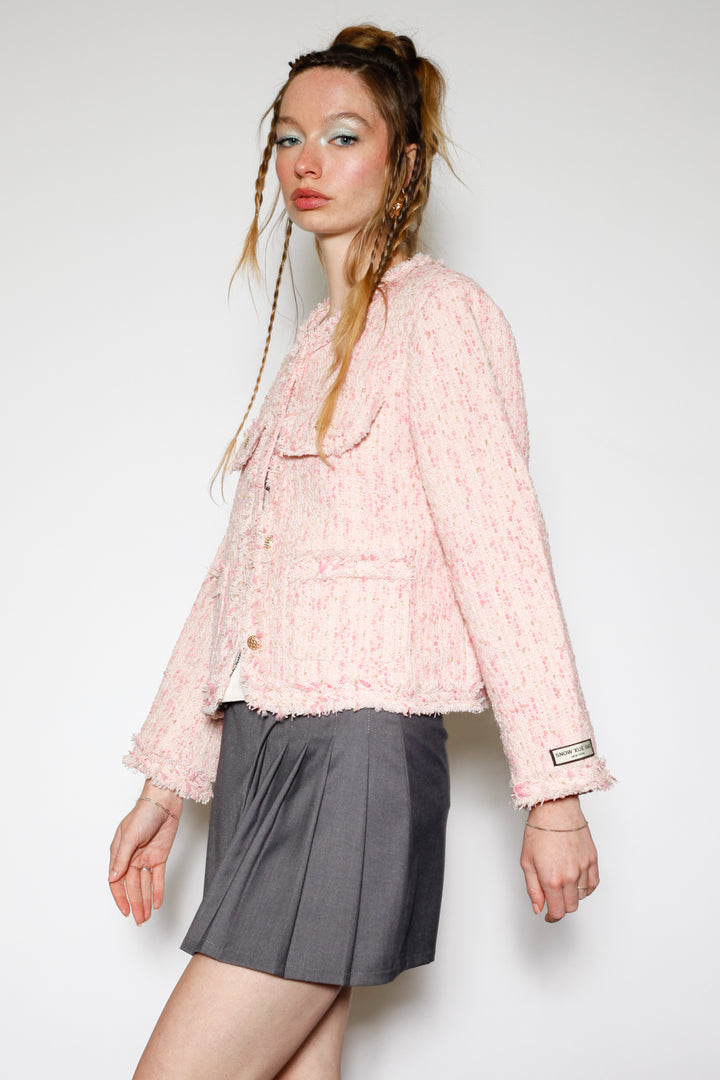 Wool Pink Cropped Tweed Blazer