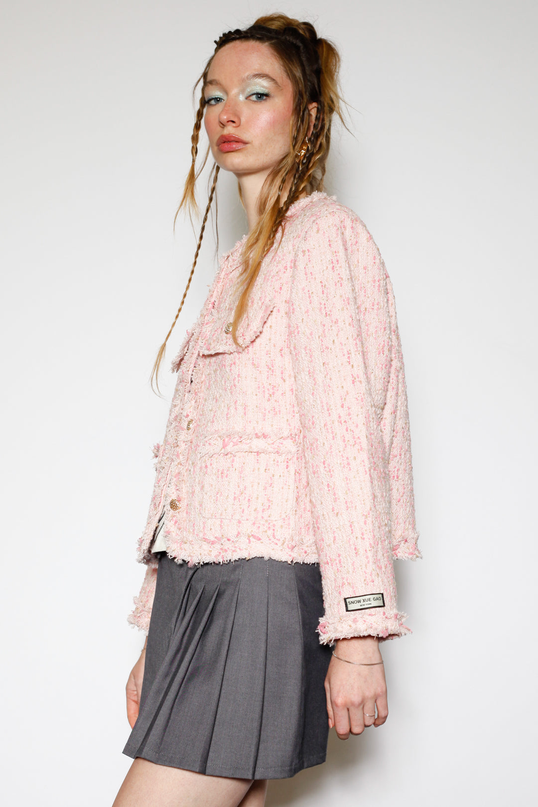 Wool Pink Cropped Tweed Blazer