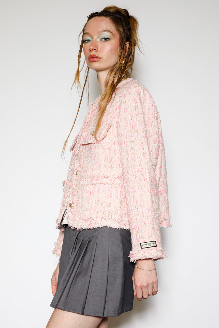 Wool Pink Cropped Tweed Blazer