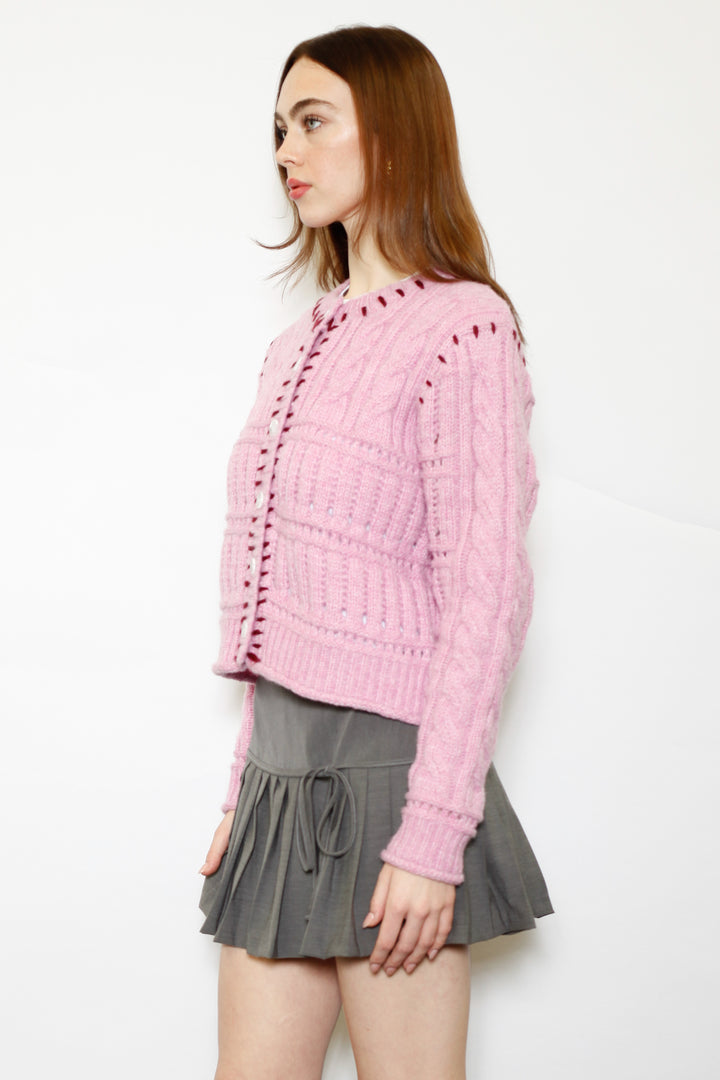 Wool Pink Hand-Embroidered Cardigan