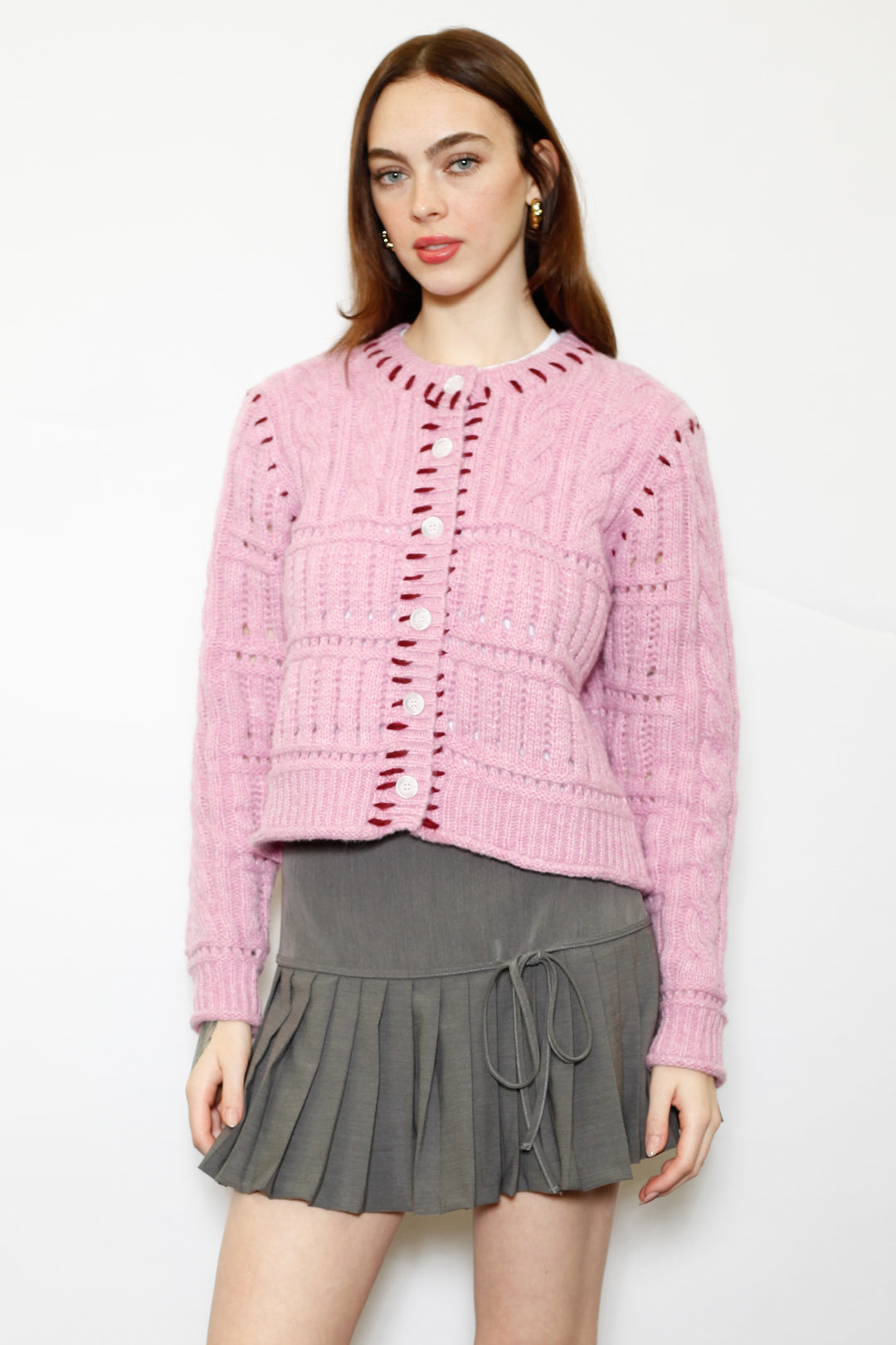 Wool Pink Hand-Embroidered Cardigan