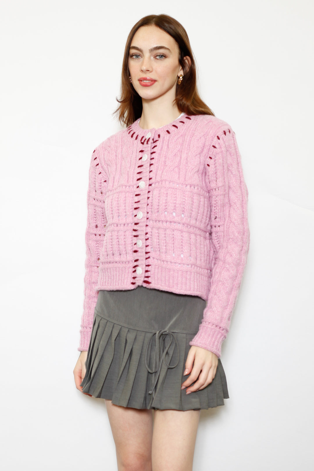 Wool Pink Hand-Embroidered Cardigan