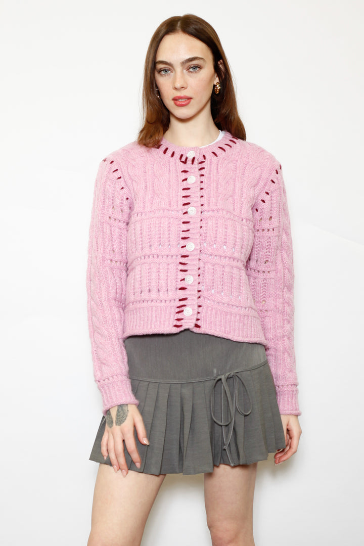 Wool Pink Hand-Embroidered Cardigan