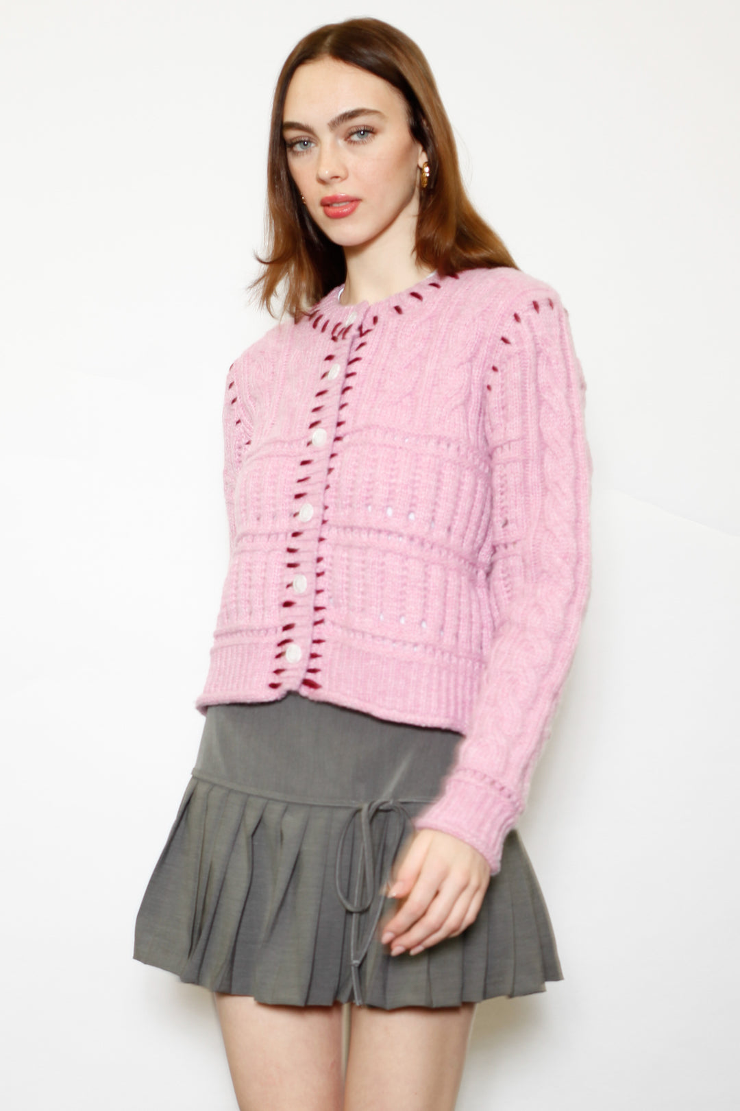 Wool Pink Hand-Embroidered Cardigan