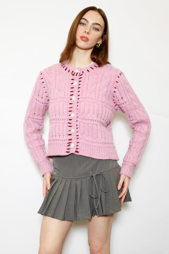 Wool Pink Hand-Embroidered Cardigan