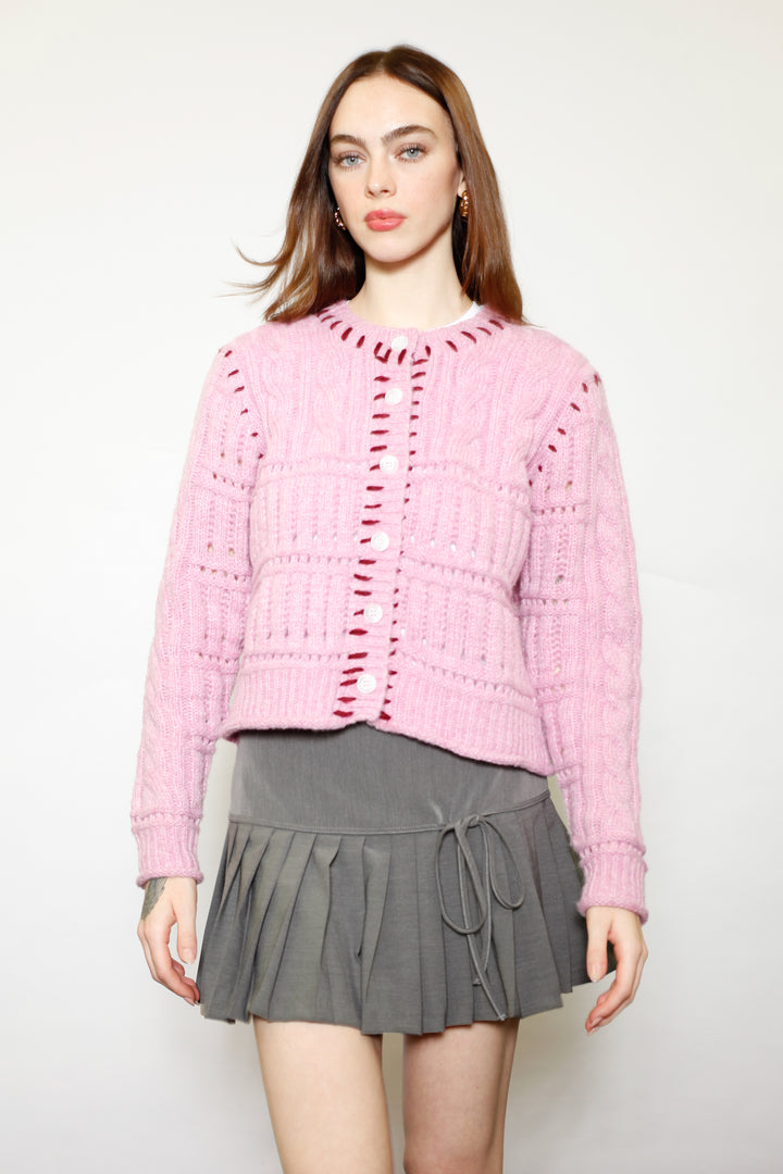 Wool Pink Hand-Embroidered Cardigan