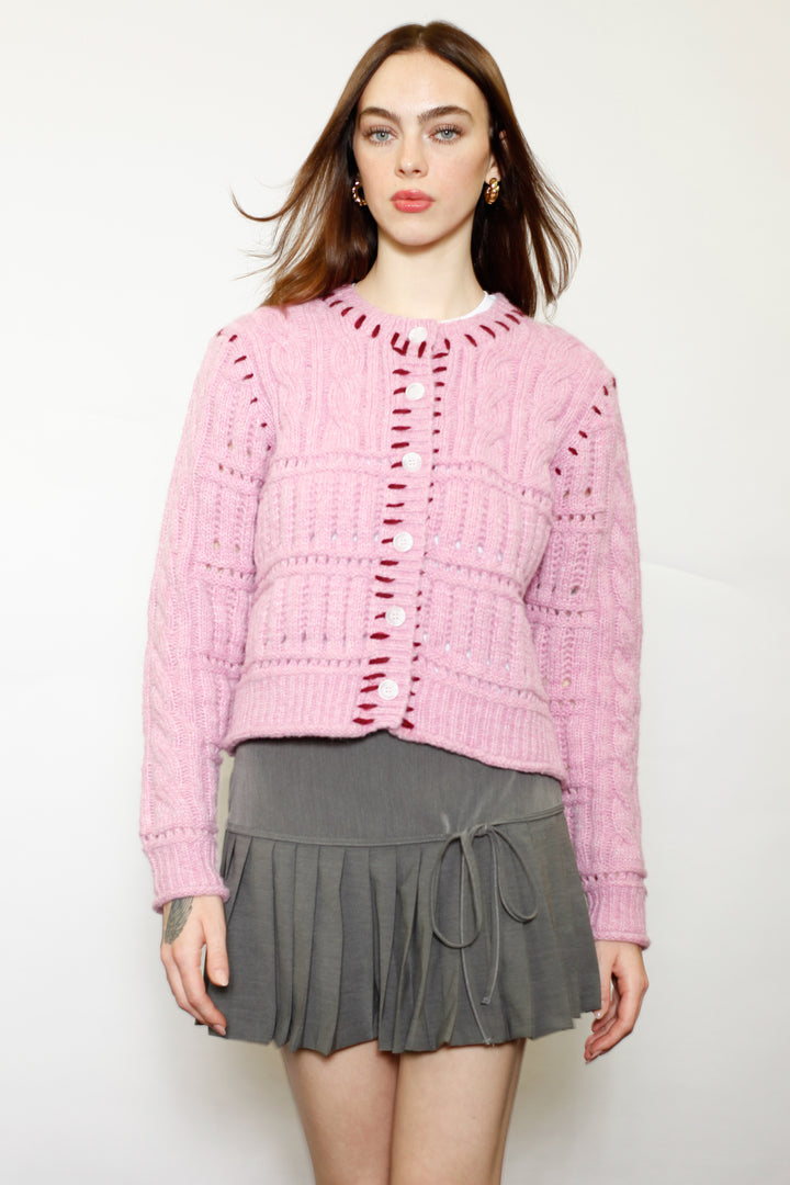 Wool Pink Hand-Embroidered Cardigan