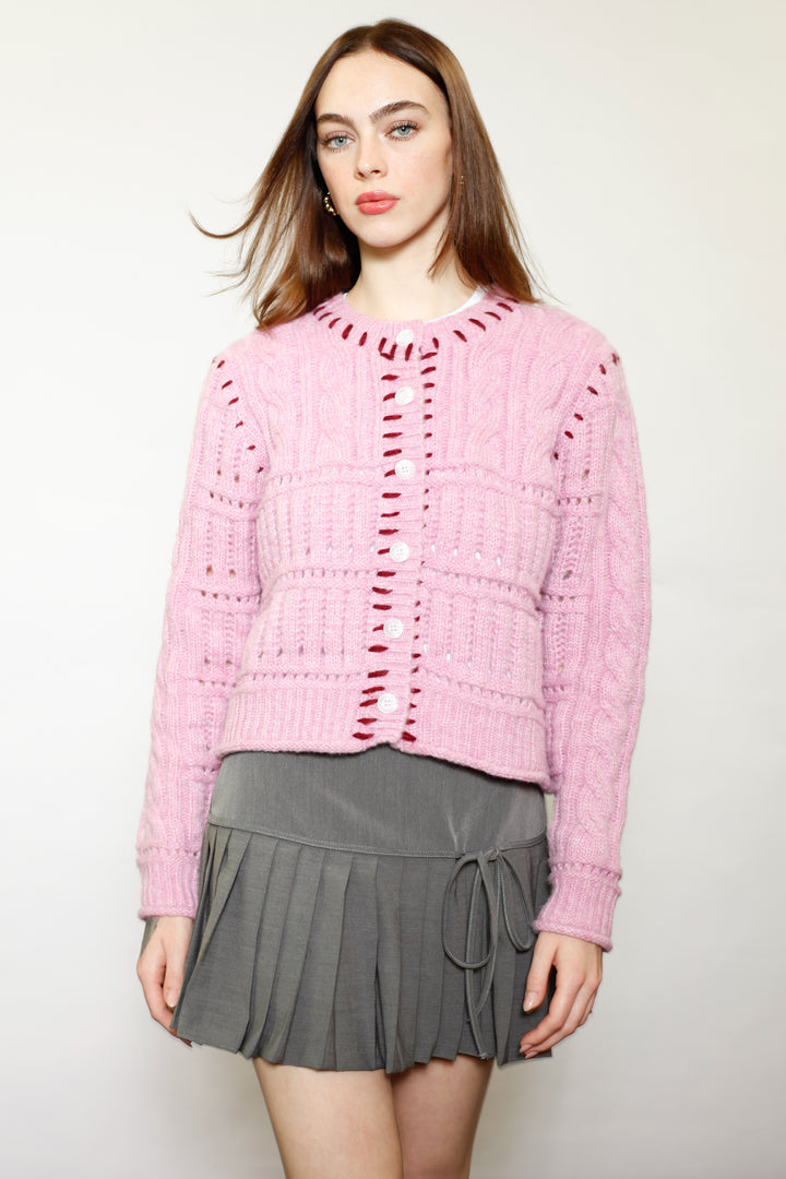 Wool Pink Hand-Embroidered Cardigan