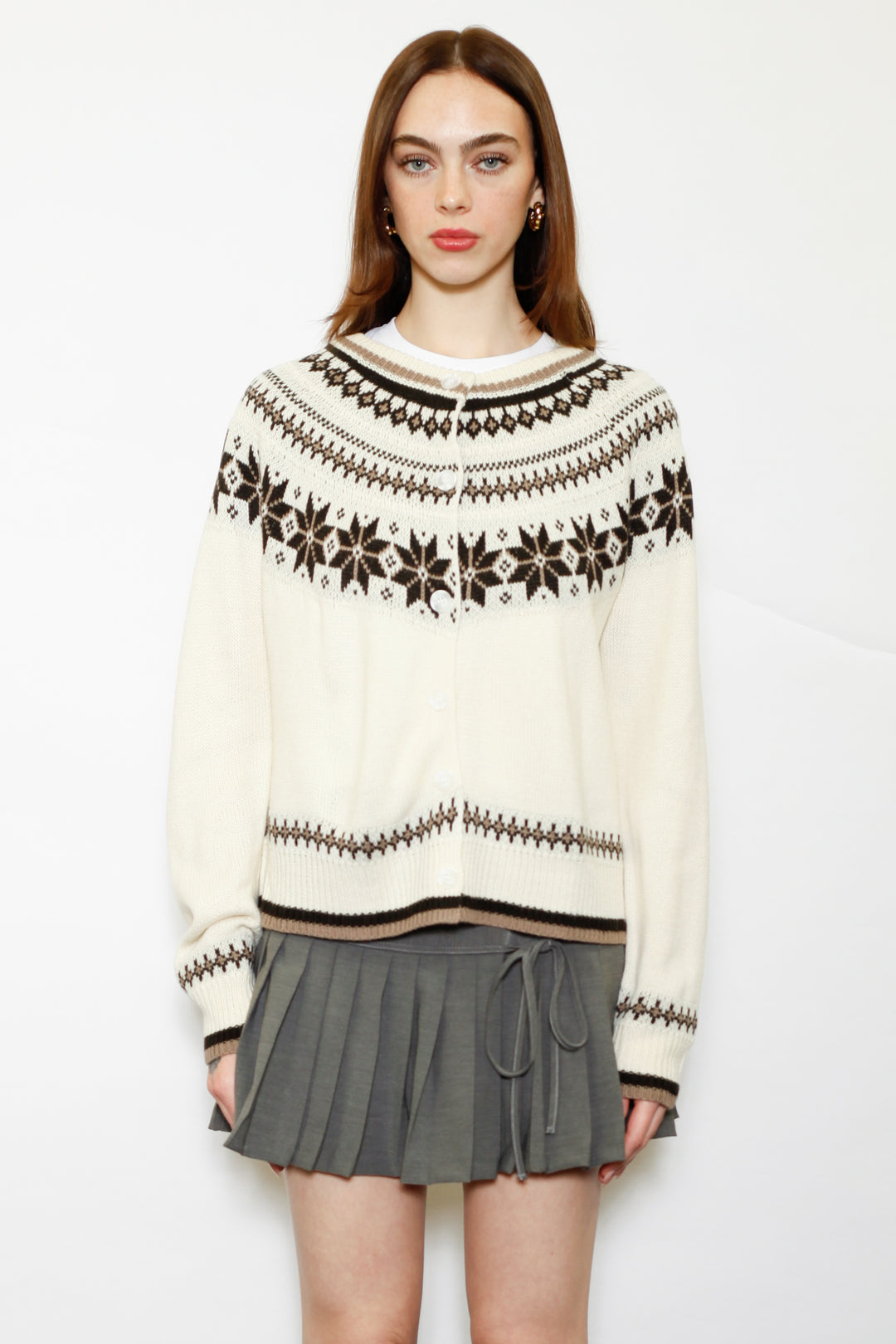 Wool White & Brown Fair Isle Cardigan