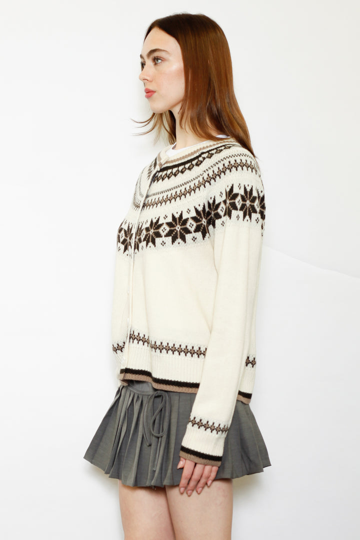 Wool White & Brown Fair Isle Cardigan