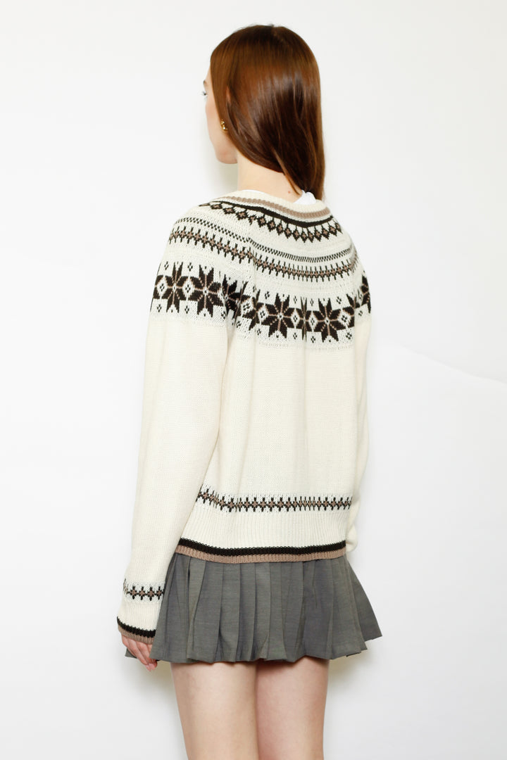 Wool White & Brown Fair Isle Cardigan