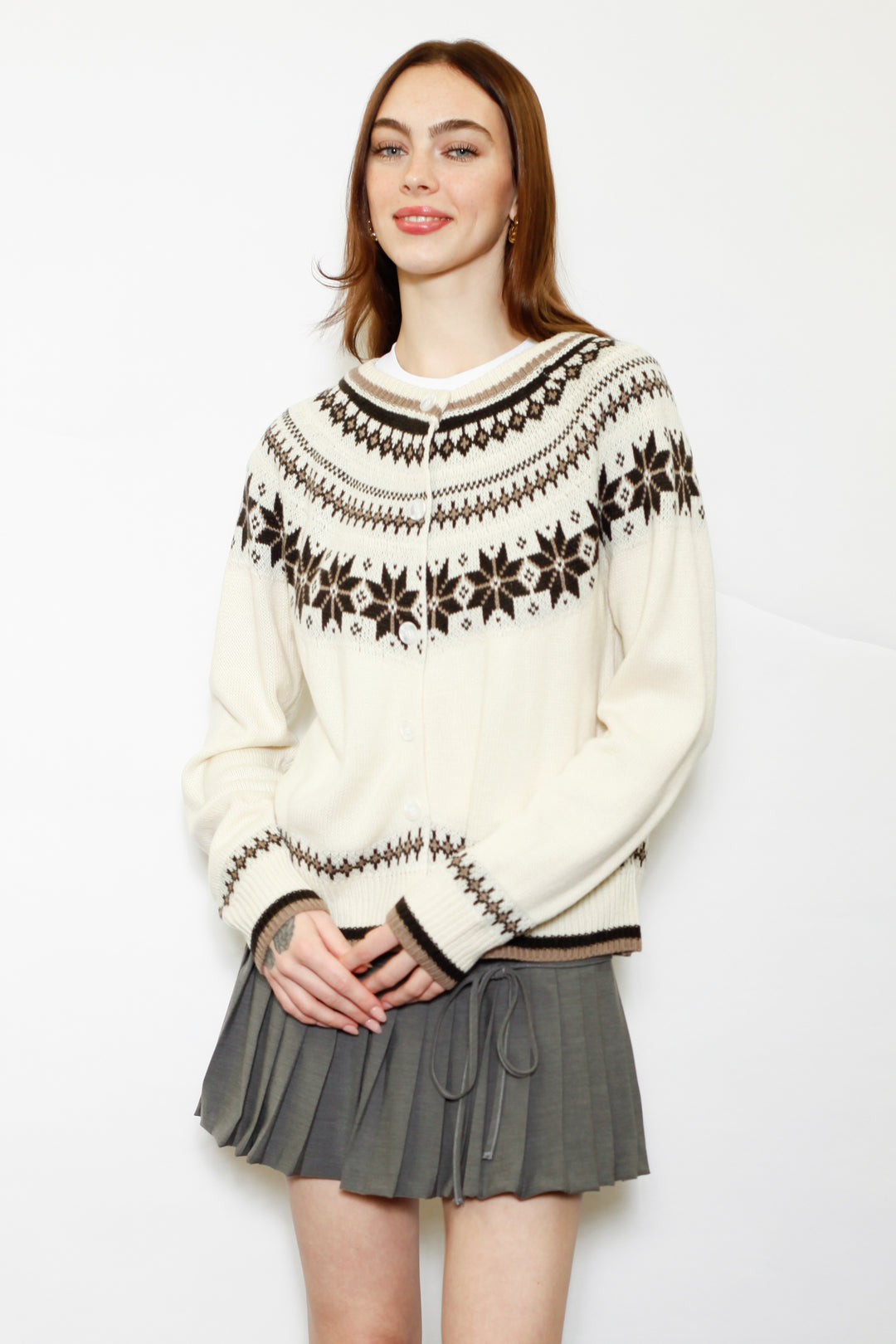 Wool White & Brown Fair Isle Cardigan