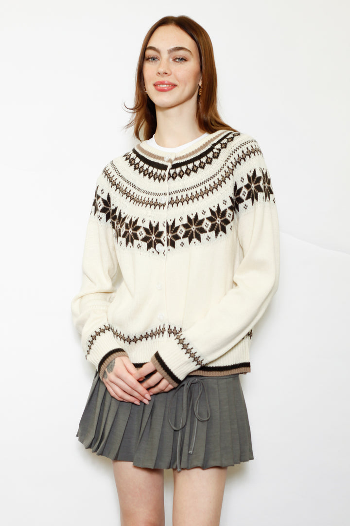 Wool White & Brown Fair Isle Cardigan