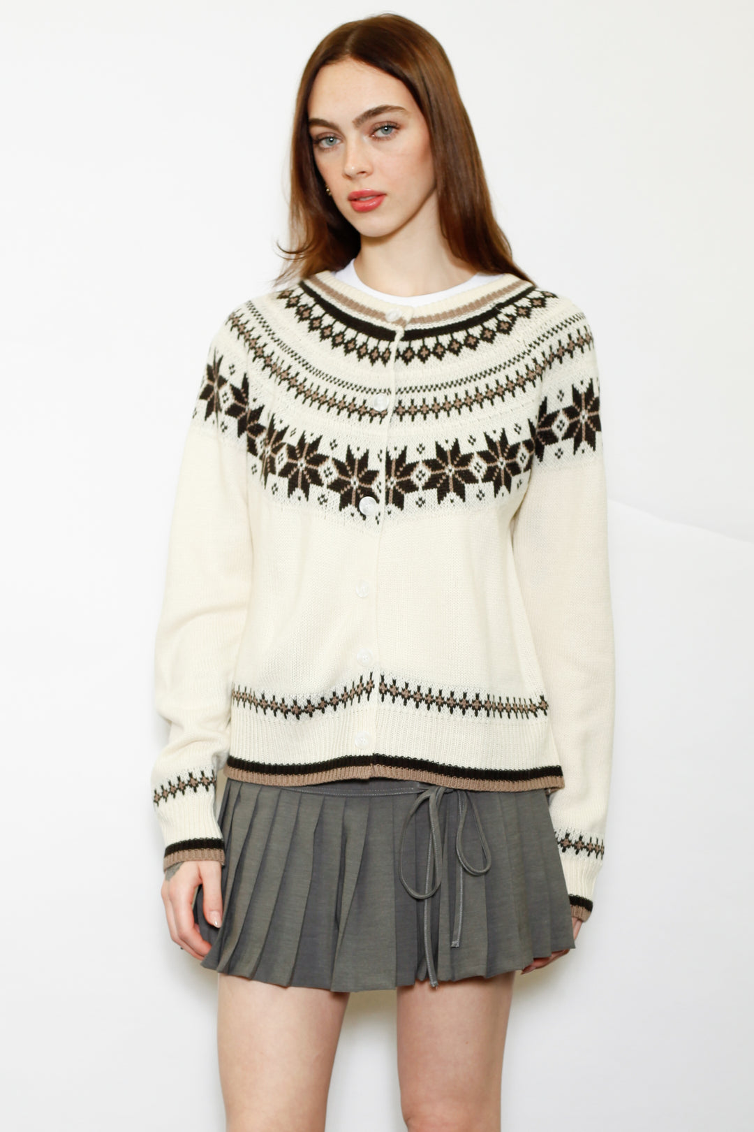 Wool White & Brown Fair Isle Cardigan