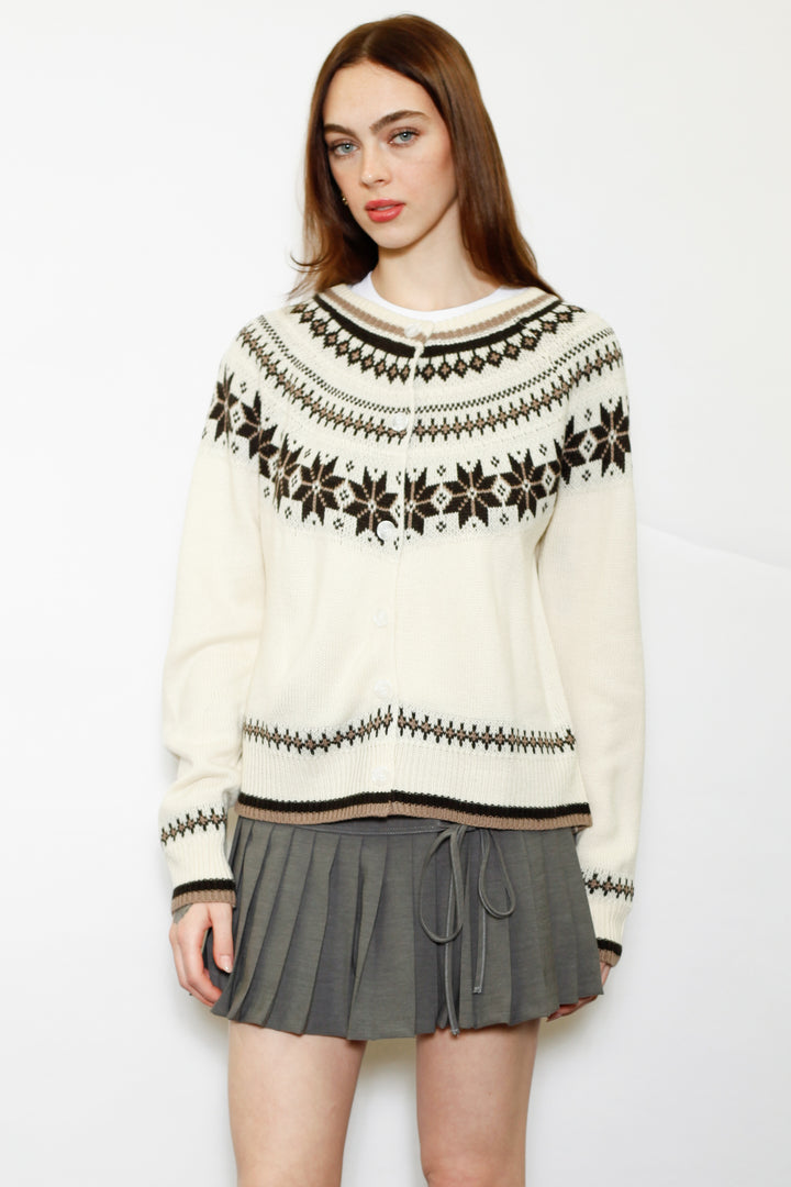 Wool White & Brown Fair Isle Cardigan