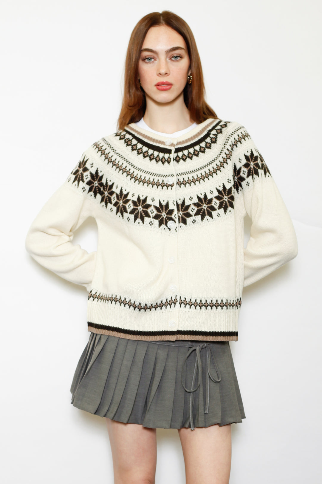 Wool White & Brown Fair Isle Cardigan