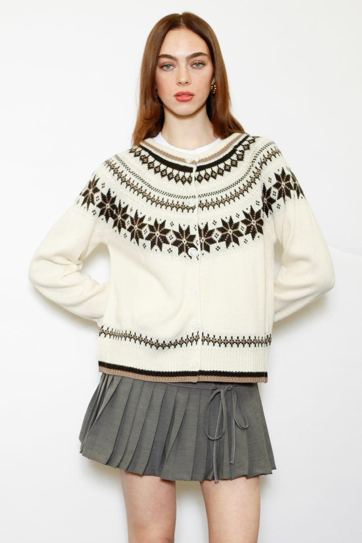 Wool White & Brown Fair Isle Cardigan