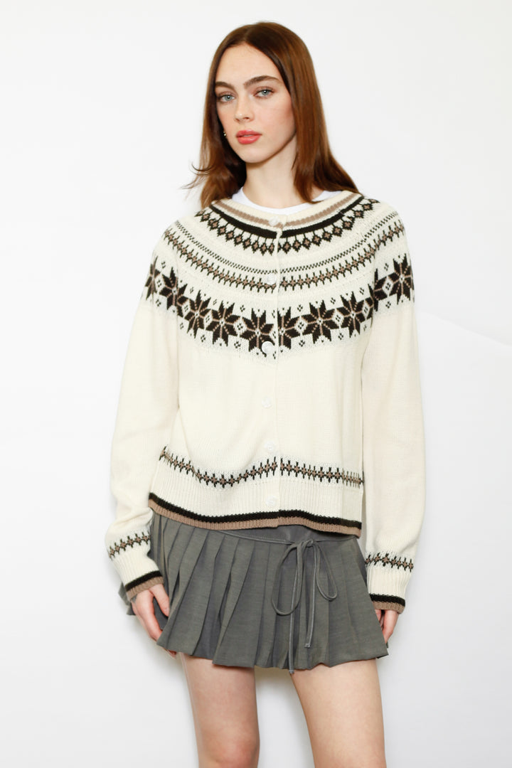 Wool White & Brown Fair Isle Cardigan