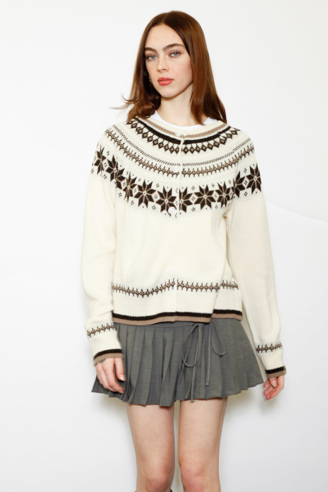 Wool White & Brown Fair Isle Cardigan