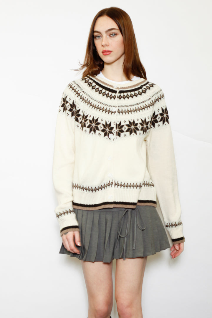 Wool White & Brown Fair Isle Cardigan