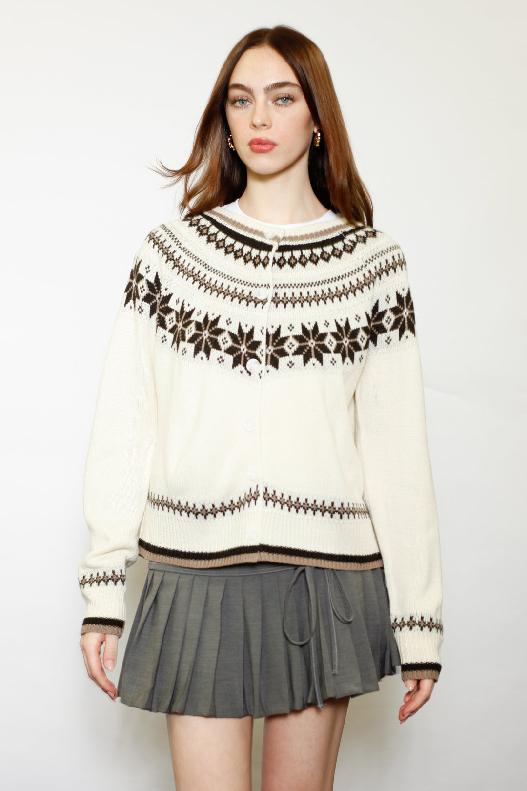 Wool White & Brown Fair Isle Cardigan