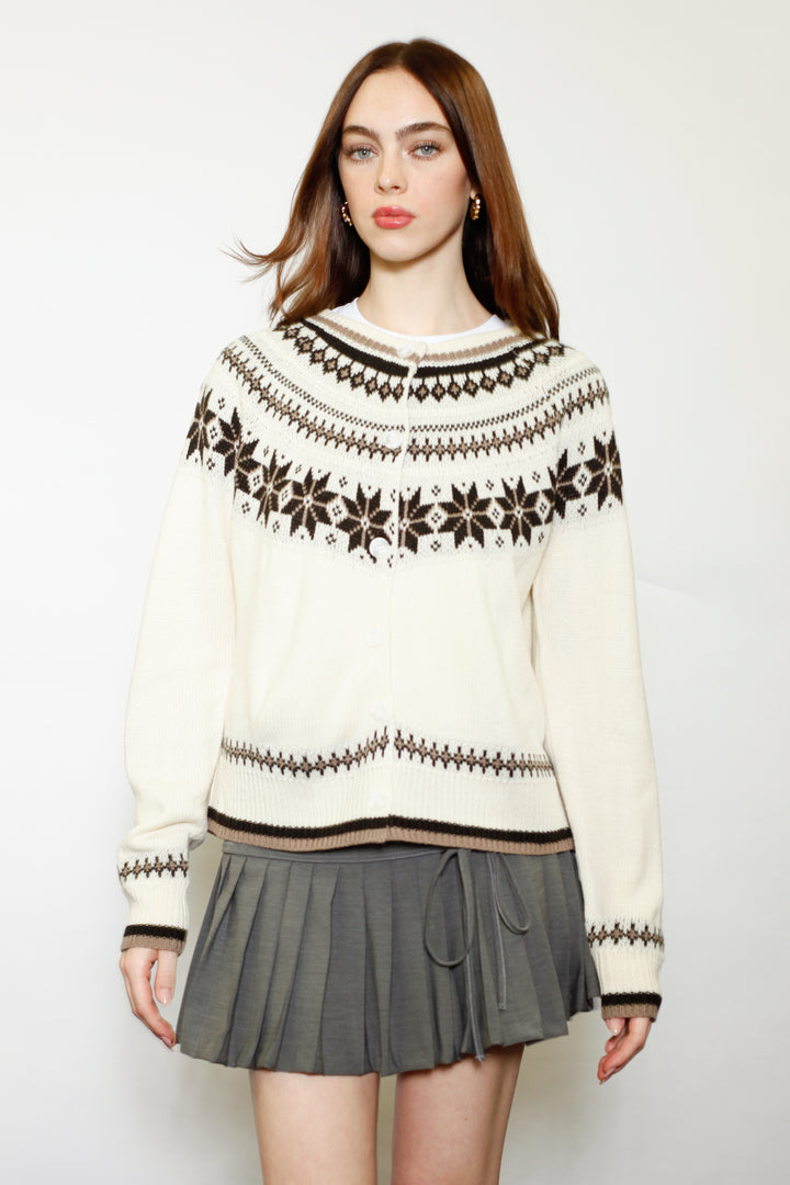 Wool White & Brown Fair Isle Cardigan