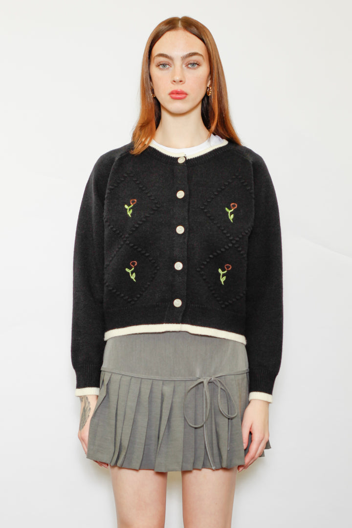 Wool Black Floral Motif Cardigan