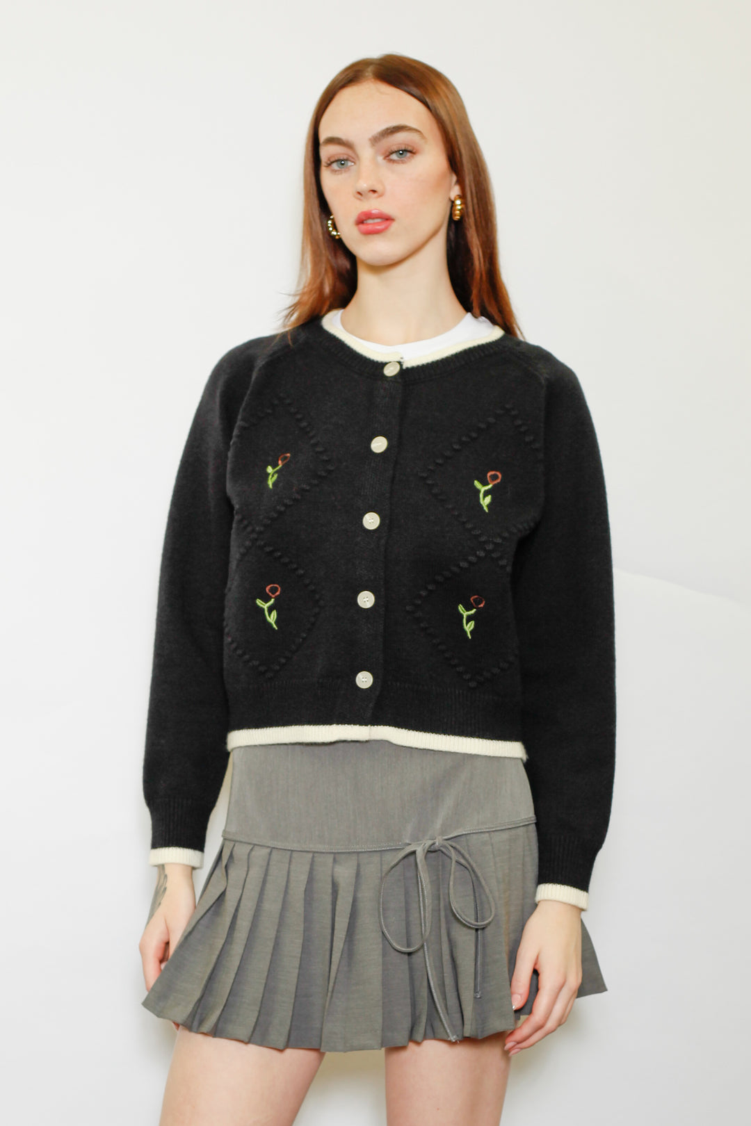 Wool Black Floral Motif Cardigan