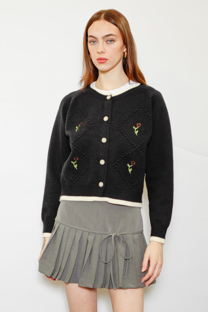 Wool Black Floral Motif Cardigan