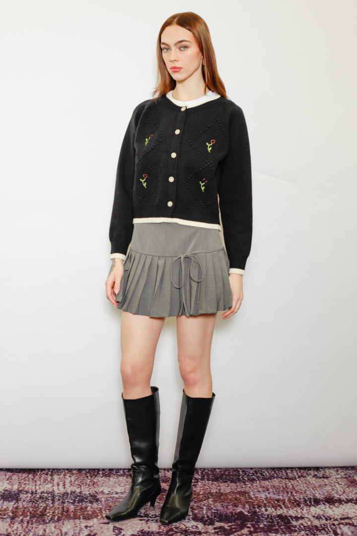 Wool Black Floral Motif Cardigan