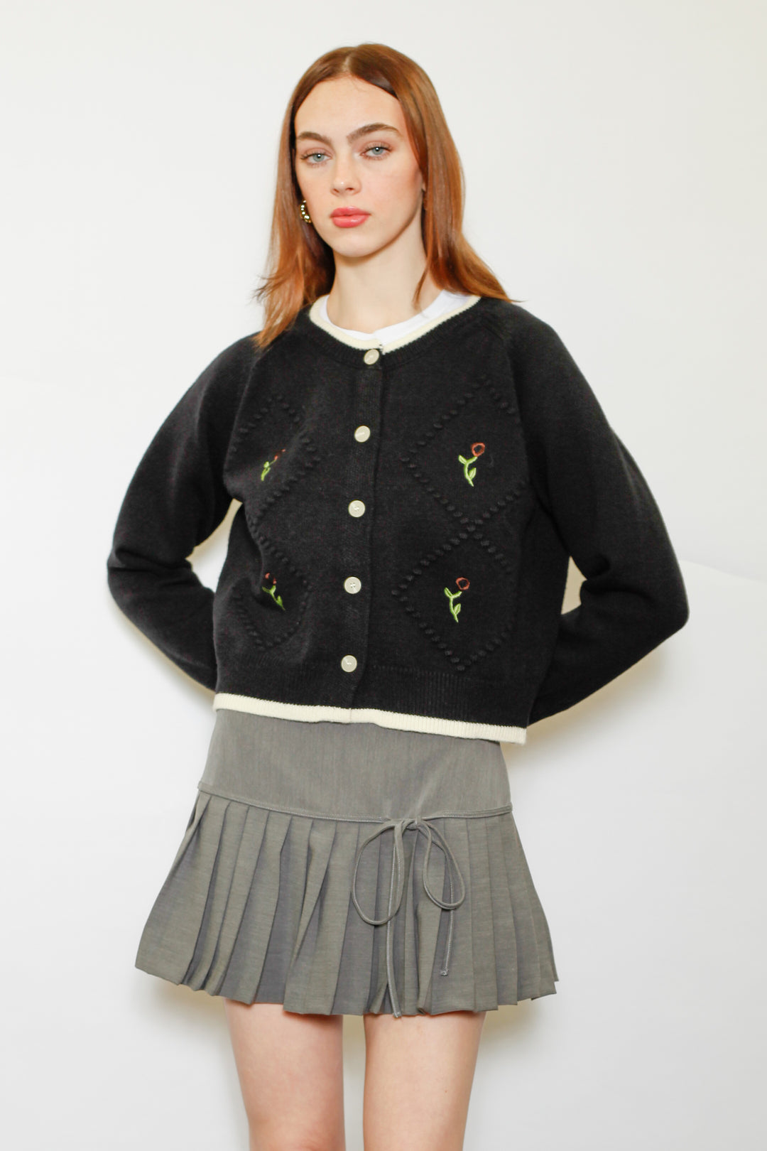 Wool Black Floral Motif Cardigan