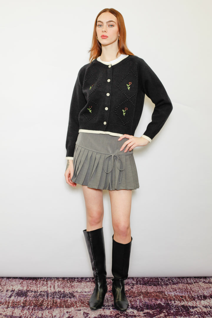 Wool Black Floral Motif Cardigan