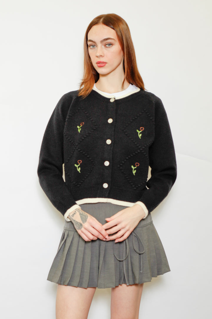 Wool Black Floral Motif Cardigan