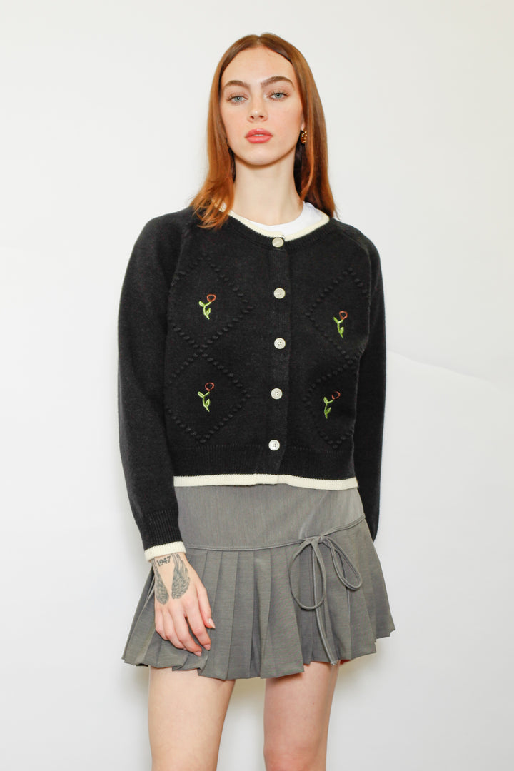 Wool Black Floral Motif Cardigan