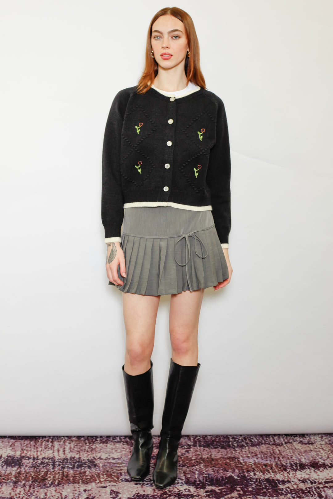 Wool Black Floral Motif Cardigan