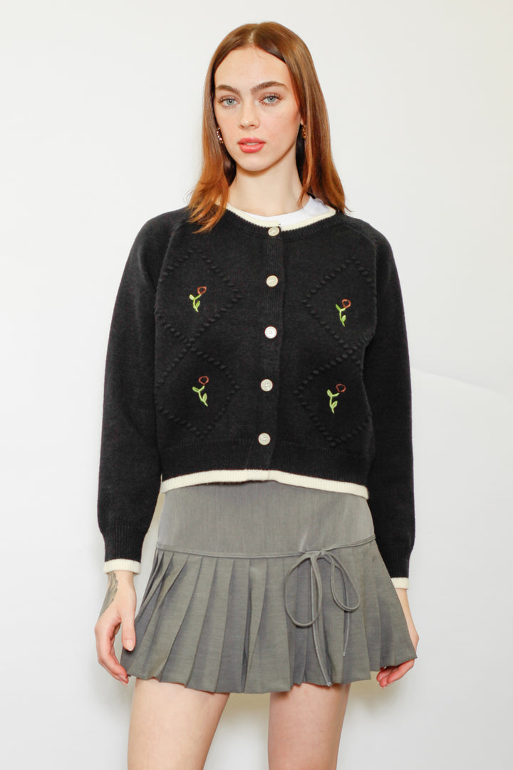 Wool Black Floral Motif Cardigan