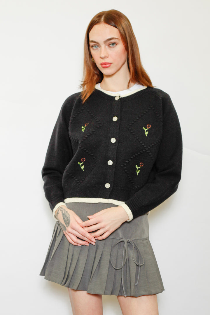 Wool Black Floral Motif Cardigan